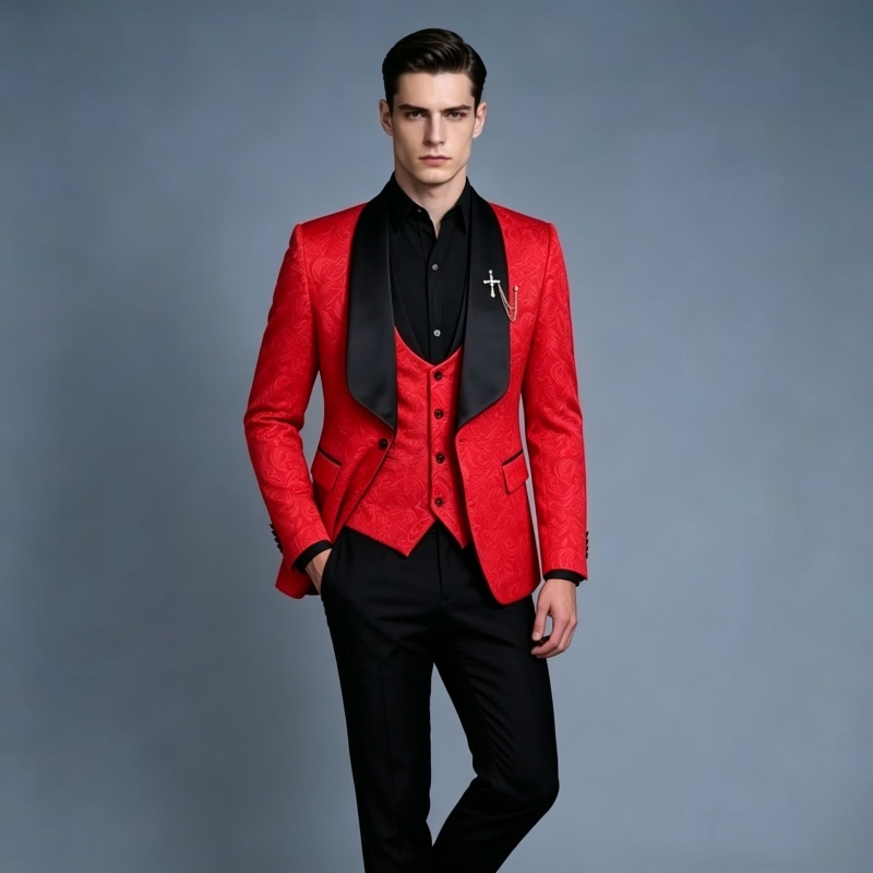 Men Formal Wear Pink - ชุดทักซิโด้ผู้ชายสีชมพูและขาวทรงเข้ารูปสามชิ้นลายดอกไม้แจ็คการ์ด สำหรับเจ้าบ่าวงานแต่งงาน ถ่ายภาพ งานเลี้ยง งานปาร์ตี้ และการแสดงบนเวที
