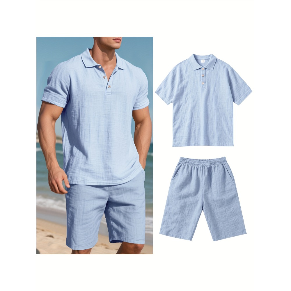 Men'S Formal Beach Wear - ฤดูร้อนผู้ชายชุดแฟชั่นผ้าลินินLapelปุ่ม 2 ชิ้นชุดเสื้อโปโลแขนสั้น + กางเกงขาสั้นกีฬาBeach Manชุด
