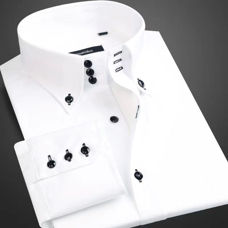 Korean Men Formal Wear - ชุดเดรสสําหรับชายปุ่มลงปกธุรกิจอย่างเป็นทางการแขนยาวลําลองแฟชั่นเกาหลี SLIM FIT ชาย Designer เสื้อสีขาว