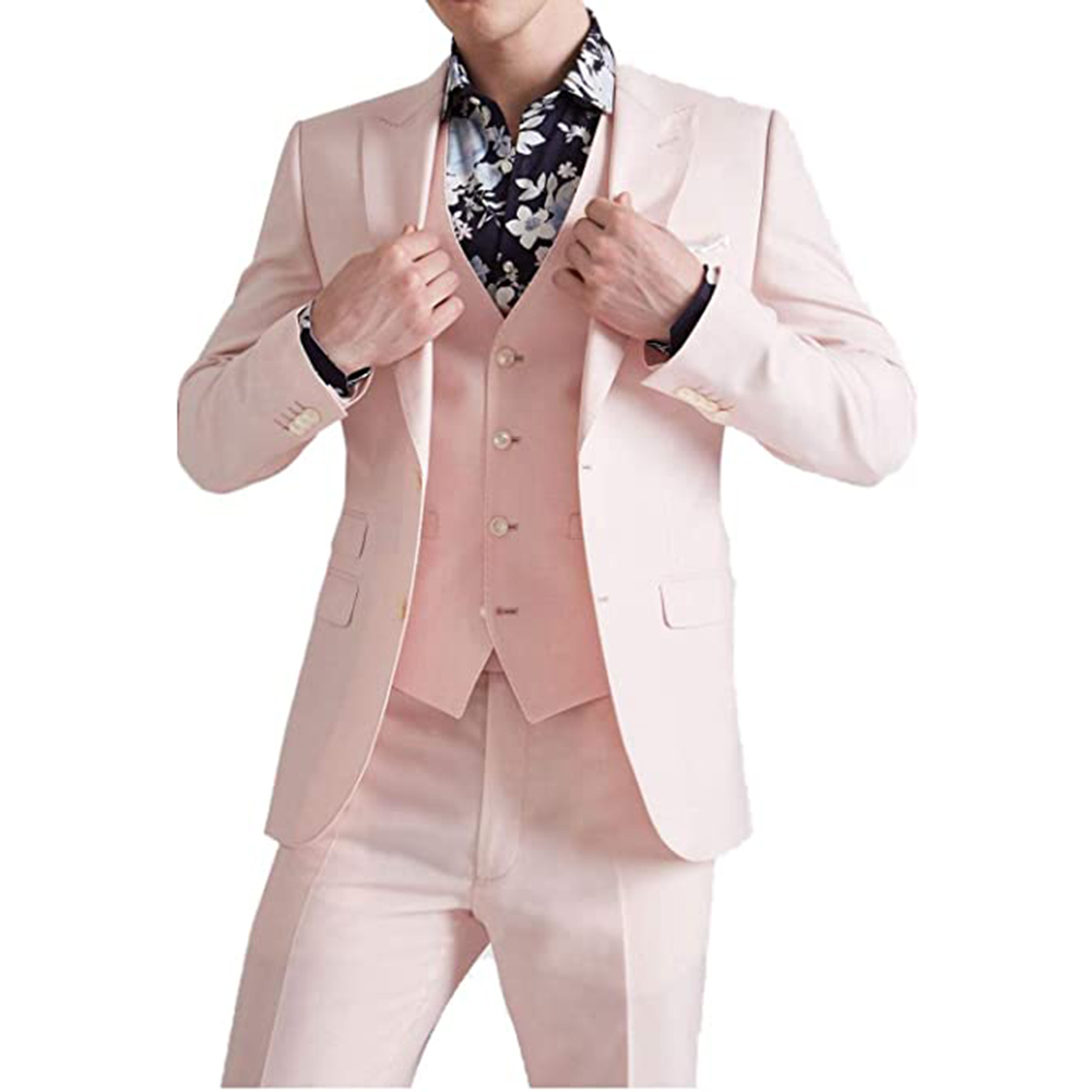 Men Formal Wear Pink - ชุดสูทสีชมพูสำหรับฤดูร้อน ชุดเจ้าบ่าวทรงเข้ารูป สไตล์ลำลองสำหรับผู้ชาย ปกเสื้อแบบแหลม ชุด 3