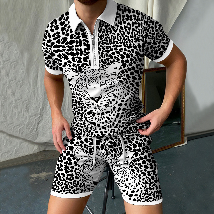 Men'S Formal Beach Wear - ชุดเสื้อโปโลแขนสั้นผู้ชายพิมพ์ลายเสือดาวกางเกงขาสั้นชายหาดชุดวอร์ม2ชิ้นชุดสูทลำลองโอเวอร์ไซส์มีซิป