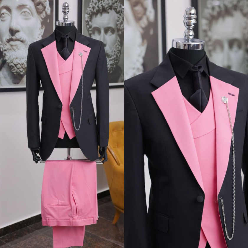 Men Formal Wear Pink - ชุดทักซิโด้สีดำสุดหรูสำหรับผู้ชาย ปกแบบ Shawl Lapel ชุดสามชิ้น สำหรับงานแต่งงาน