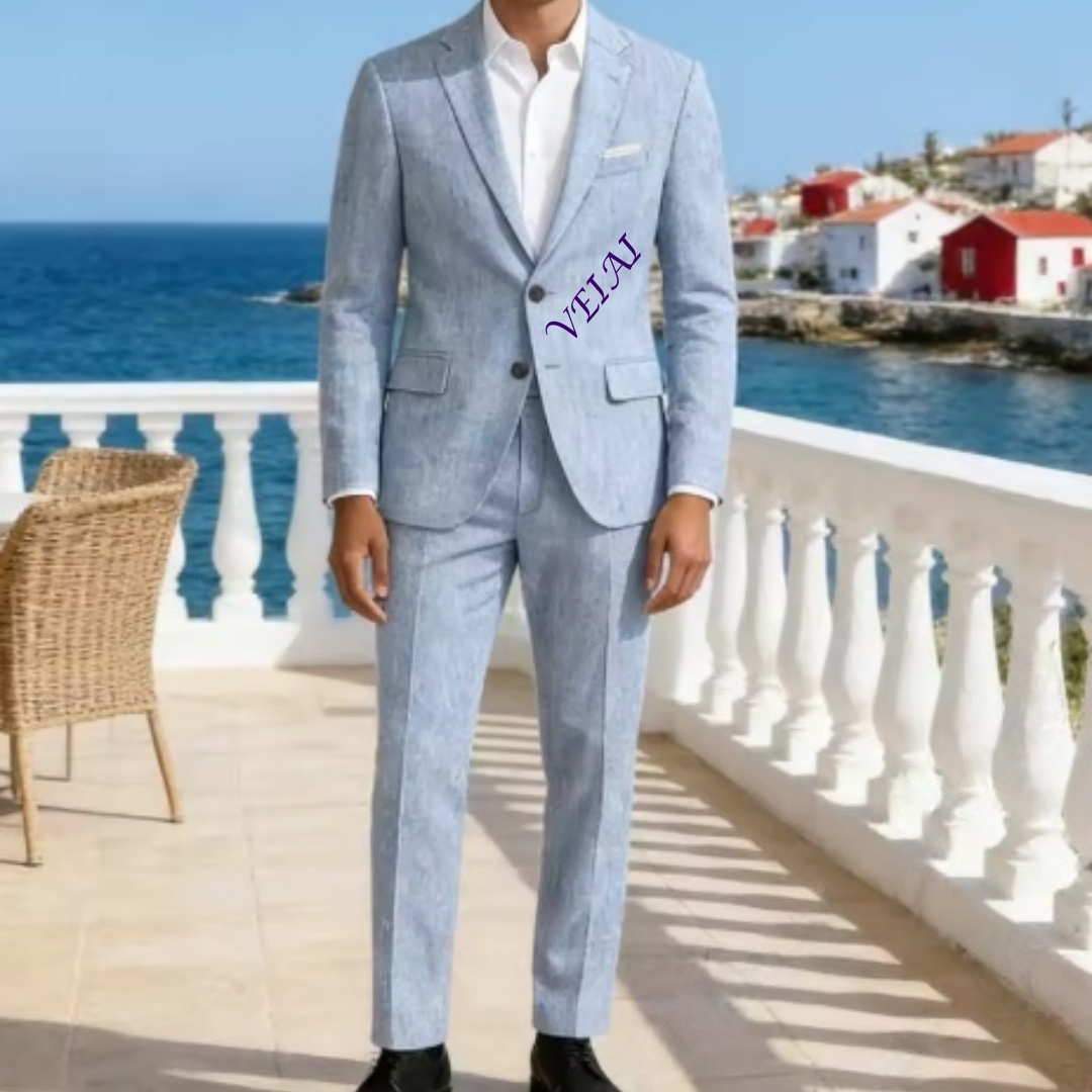 Men'S Formal Beach Wear - ชุดสูทผ้าลินินสีฟ้าอ่อนแบบสั่งตัด 2 ชิ้น ทรงสลิม คอปกแบบมีรอยบาก พร้อมกางเกง