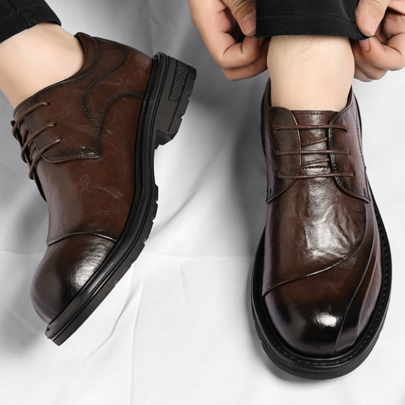Formal Men Daily Wear Shoes - รองเท้าหนังแท้สีน้ำตาลขัดเงา แบบผูกเชือก พื้นหนา สำหรับงานทางการ ธุรกิจ สำนักงาน