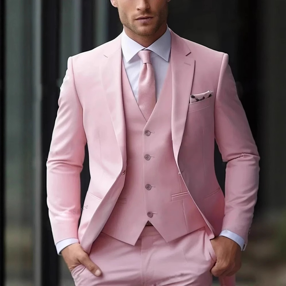 Men Formal Wear Pink - ชุดสูทผู้ชายสีชมพู 3 ชิ้น ทรงสลิมฟิต ชุดทักซิโด้เจ้าบ่าว แบบแยกชิ้น