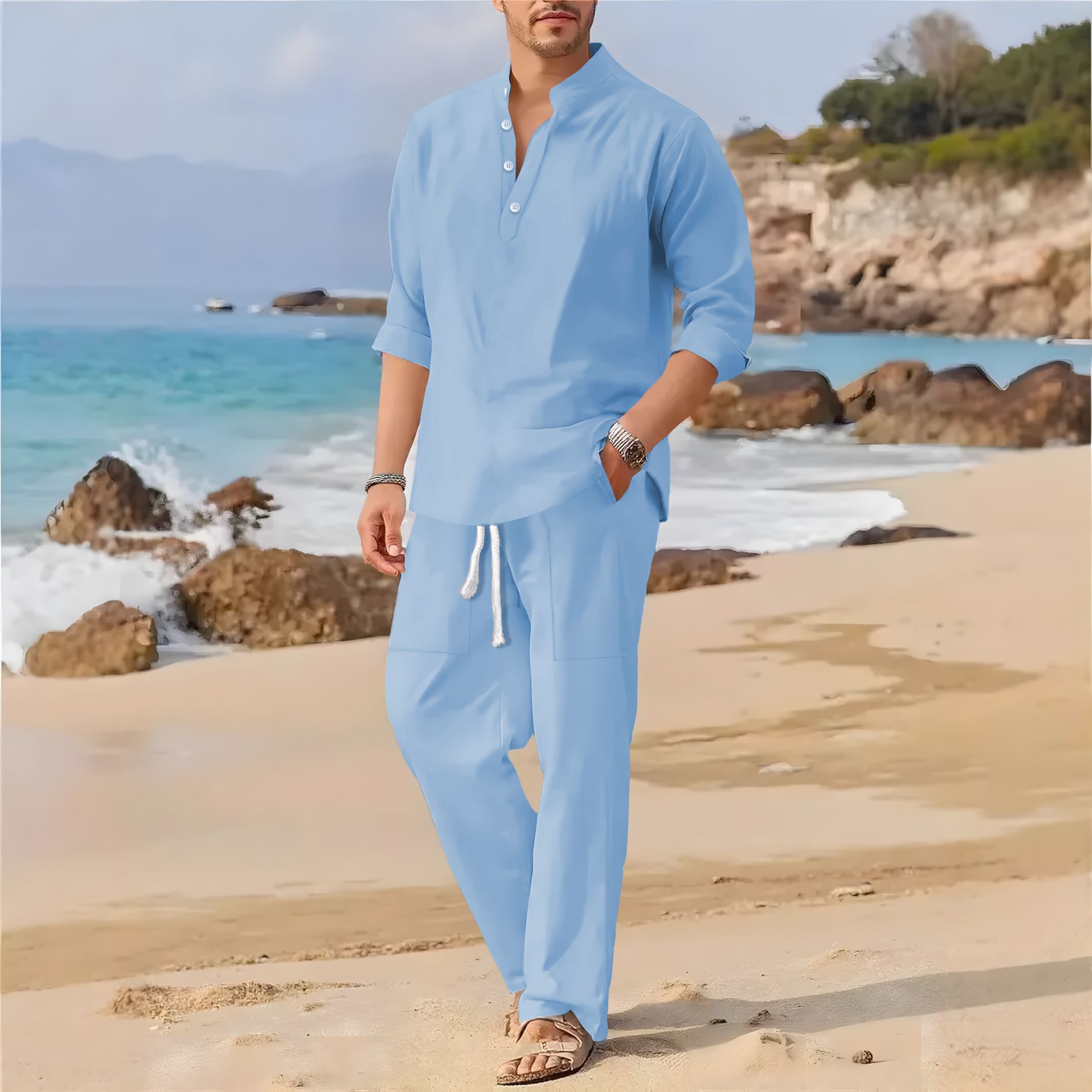 Men'S Formal Beach Wear - ชุดลำลองผู้ชายสไตล์เรโทร ผ้าฝ้ายและผ้าลินิน คอตั้ง แขนยาว - ชุดสองชิ้นสีพื้นทรงหลวมทันสมัยสำหรับฤดูใบไม้ผลิ/ฤดูใบไม้ร่วง