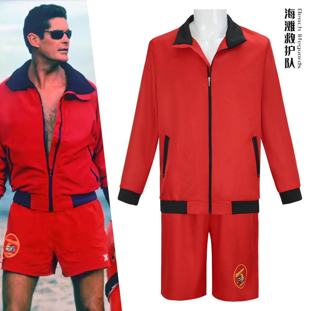 Men'S Formal Beach Wear - ชุดคอสเพลย์ตัวละครเบย์วอช ชุดว่ายน้ำสีแดง เสื้อแจ็คเก็ต กางเกงขาสั้น ชุดชายหาด