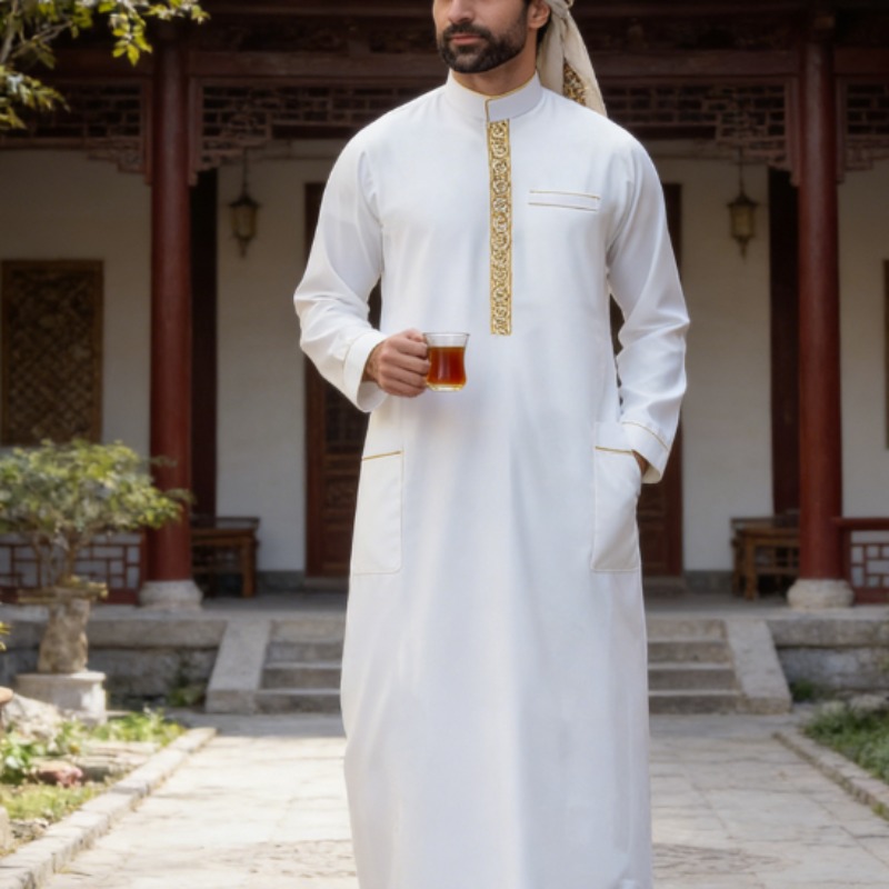 Arabic Formal Wear Men - ชุดโทบแบบอาหรับสำหรับผู้ชาย ปักลาย แขนยาว ทรงหลวม สวมใส่สบาย เหมาะสำหรับการละหมาดและงานพิธีการ