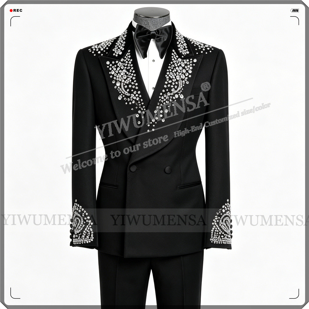 Men Formal Wear Outfits - ชุดสูทแต่งงานสุดหรูสำหรับผู้ชาย ประดับด้วยคริสตัลและลูกปัด เสื้อแจ็คเก็ตและกางเกง 2 ชิ้น ชุดทักซิโด้สำหรับเจ้าบ่าว