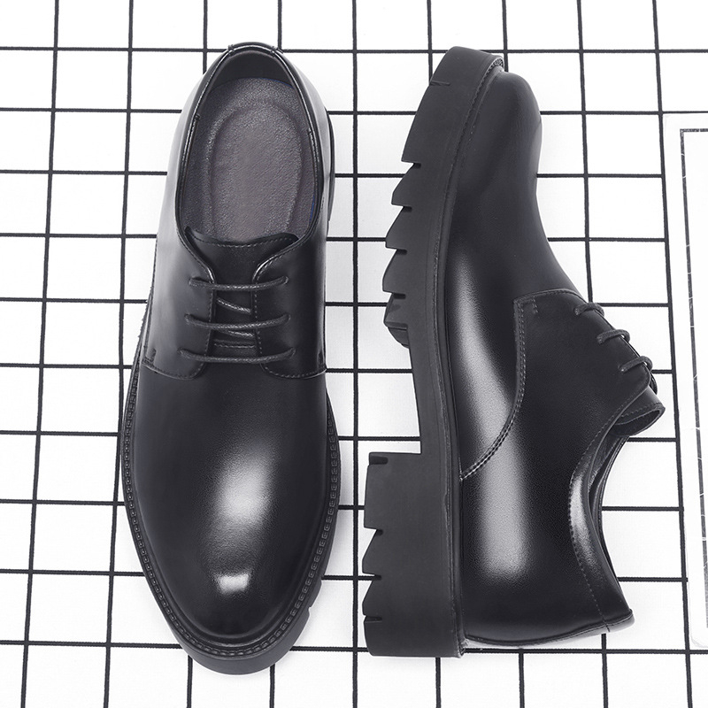 Formal Men Daily Wear Shoes - รองเท้าหนังสีดำแบบผูกเชือกสำหรับผู้ชาย พื้นหนา ส้นบล็อก เหมาะสำหรับงานทางการ ธุรกิจ ออฟฟิศ