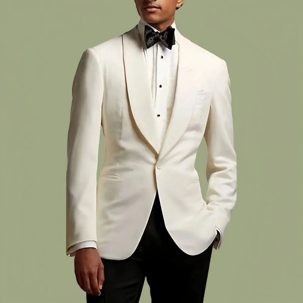 Men'S Formal Beach Wear - ชุดสูทธุรกิจสำหรับผู้ชาย เสื้อแจ็คเก็ตสีขาวงาช้างมีปก เหมาะสำหรับงานแต่งงาน งานเลี้ยง งานประชุมริมชายหาด 1