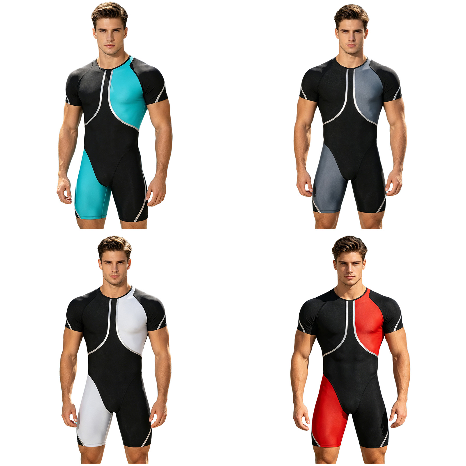 Men'S Formal Beach Wear - ชุดว่ายน้ำวันพีซสำหรับผู้ชาย ชุดรัดรูปแขนสั้นแบบมีซิป ชุดว่ายน้ำสำหรับเล่นเซิร์ฟ ดำน้ำ ชายหาด สระว่ายน้ำ