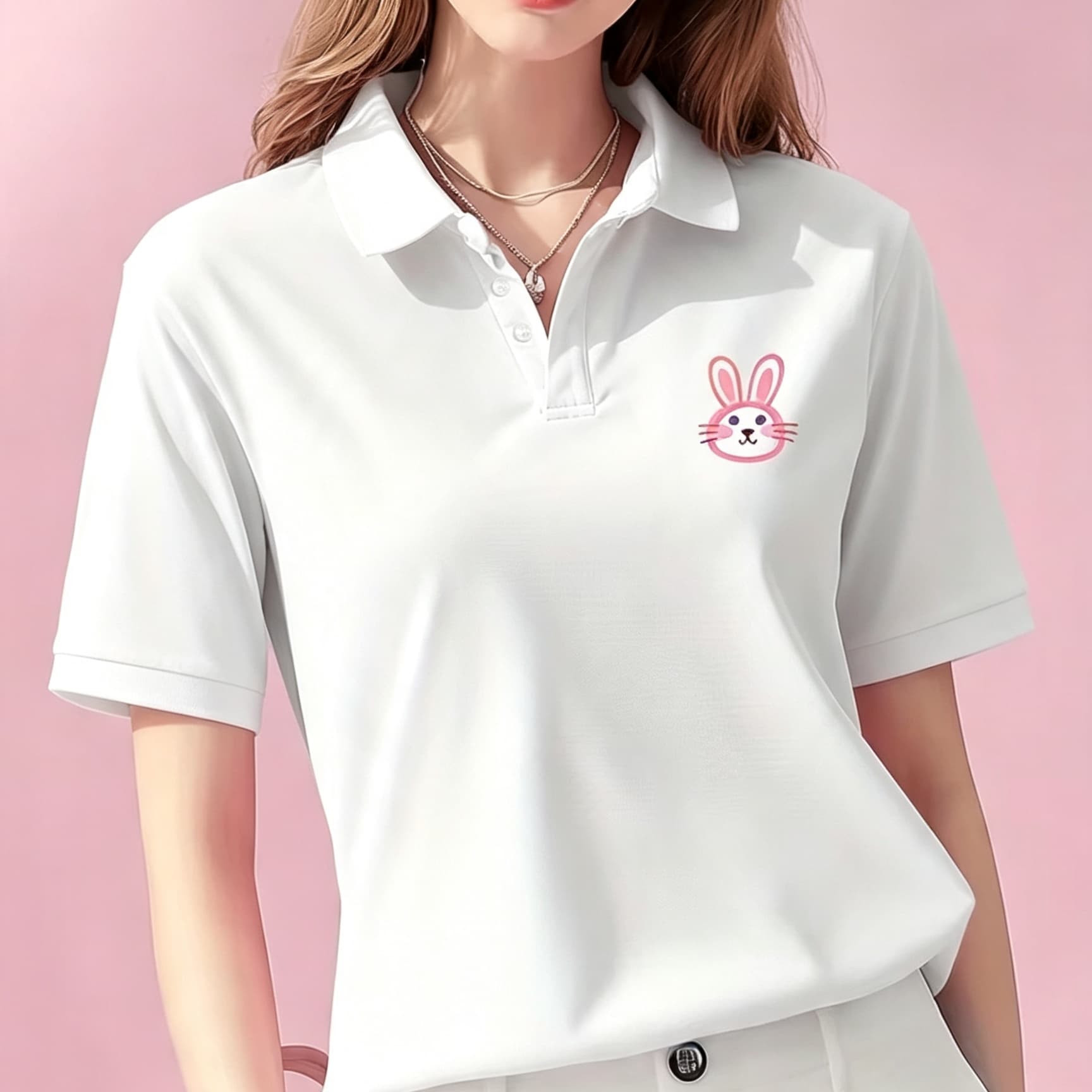Men Formal Wear Pink - เสื้อโปโลคอปกสีดำแบบยูนิเซ็กส์ ลายกราฟิกกระต่ายสีชมพูน่ารัก แขนสั้น เนื้อผ้านุ่ม ระบายอากาศได้ดี เหมาะสำหรับใส่ลำลองในชีวิตประจำวันสำหรับทั้งชายและหญิง