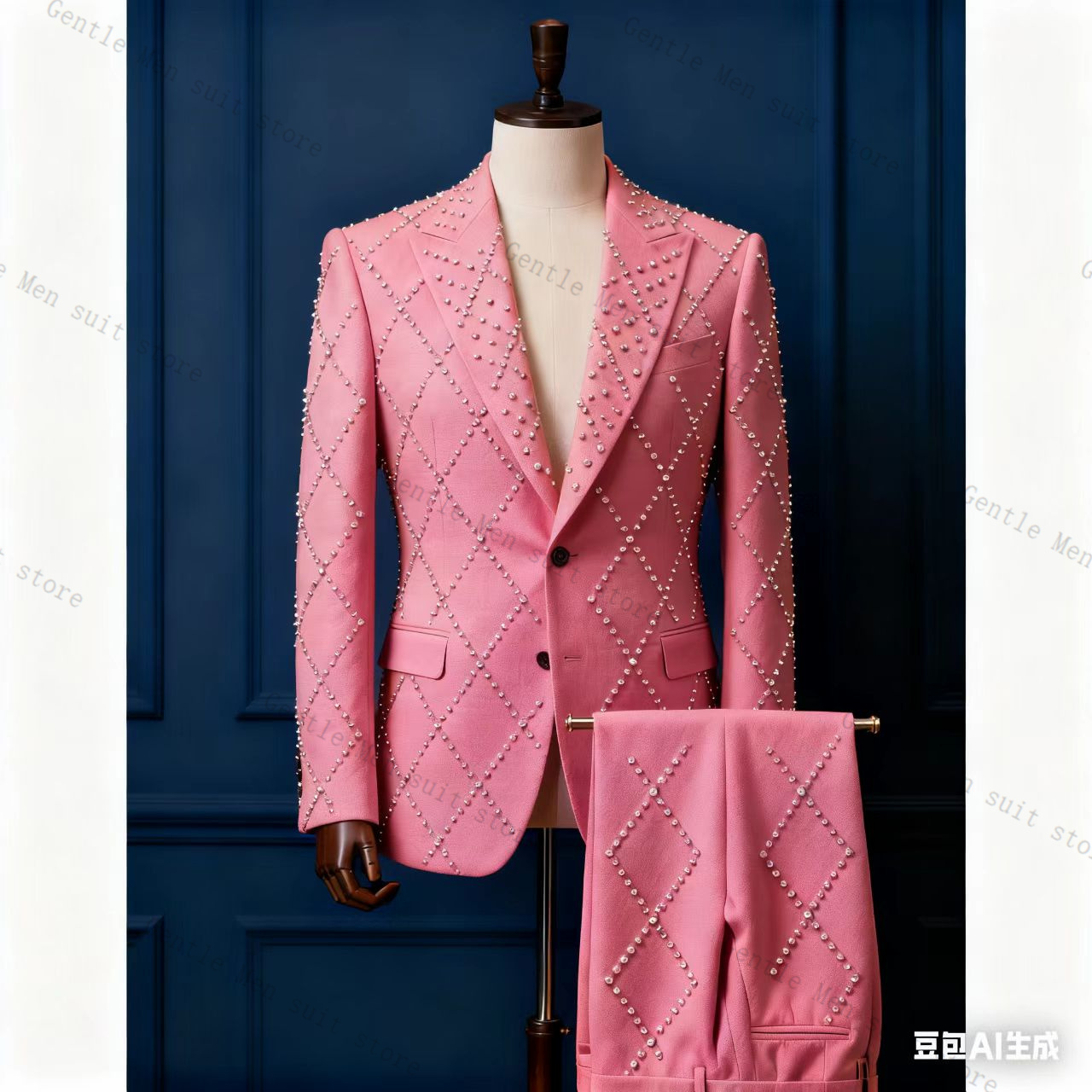 Men Formal Wear Pink - ชุดสูทผู้ชายสีชมพู 2 ชิ้น เสื้อสูท+กางเกงขายาว ผ้าฝ้าย ชุดทักซิโด้สำหรับงานแต่งงาน