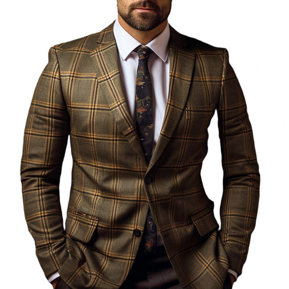 Men Formal Wear Outfits - เสื้อโค้ทสูทผู้ชาย สไตล์ทางการ ทรงเข้ารูป ลายสก็อต แขนยาว ติดกระดุมเม็ดเดียว