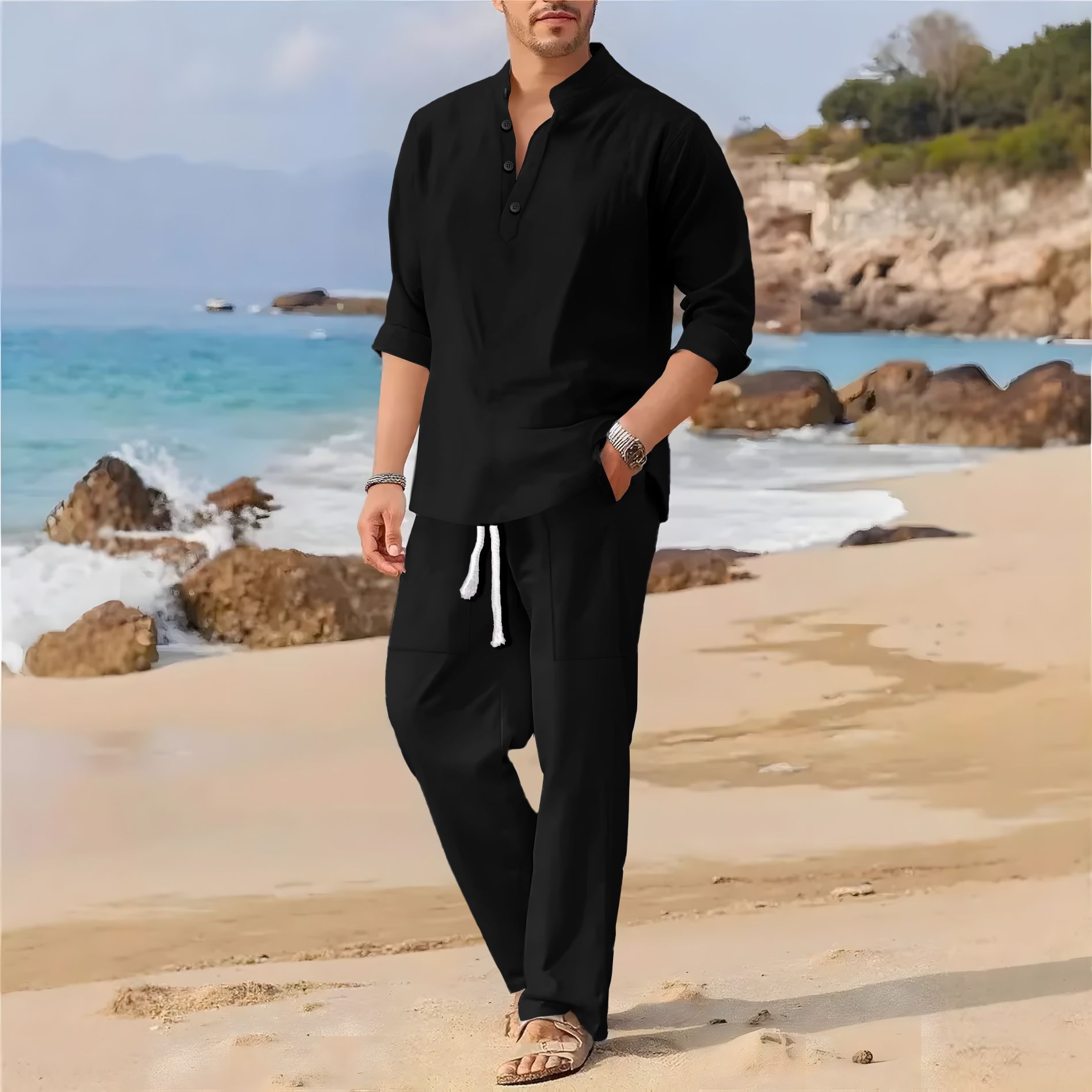 ชุดลำลองผู้ชายสไตล์เรโทร ผ้าฝ้ - Men'S Formal Beach Wear บทวิจารณ์และราคา