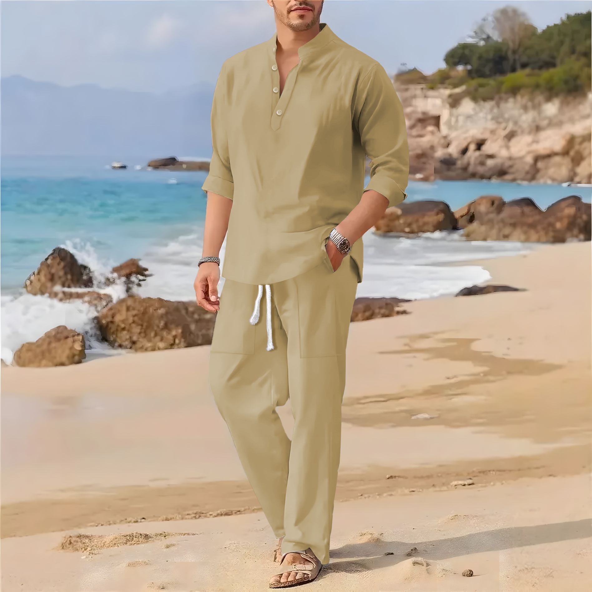 ชุดลำลองผู้ชายสไตล์เรโทร ผ้าฝ้ - Men'S Formal Beach Wear บทวิจารณ์และราคา