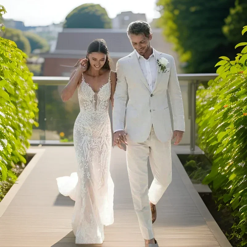 ผ้าลินินงานแต่งงาน Tuxedo สําห - Men'S Formal Beach Wear บทวิจารณ์และราคา