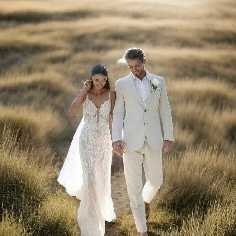 ผ้าลินินงานแต่งงาน Tuxedo สําห - Men'S Formal Beach Wear บทวิจารณ์และราคา